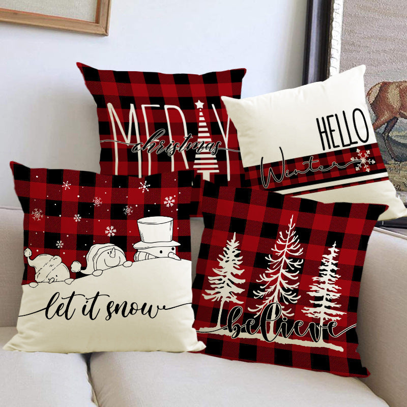 Christmas Pillowcase Linen Red Black Checkered Letter Printed Pillow Cover Holiday Living Room Decoration 4