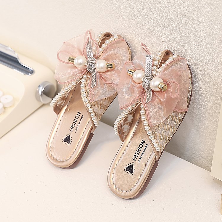 Girls' Children's Slippers Summer Style Fish Mouth Outdoor Half Drag Sandals Fashionable Middle-aged Children's Bow One Line Cool Drag 7