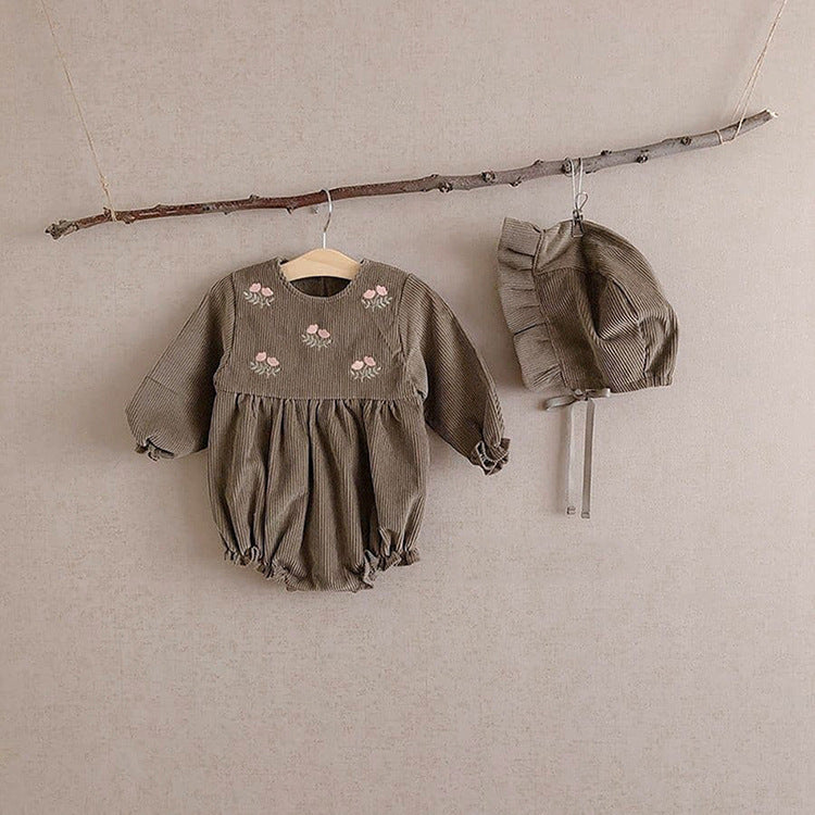 Kids Corduroy Embroidered Long Sleeve Romper Bodysuit 9