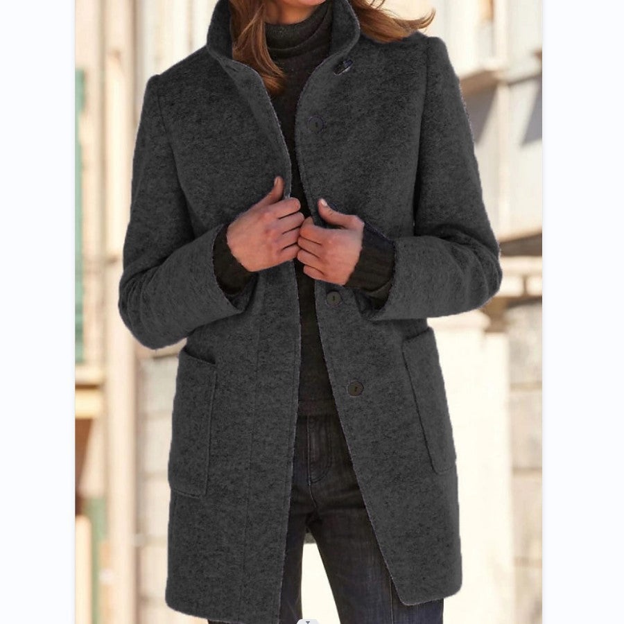 Fashion Stand Collar Woolen Coat With Pockets Fall Winter Casual Button Outwear For Women Clothing 7