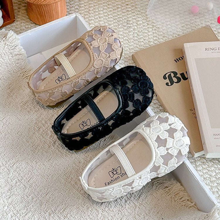 Girls' Flower Mesh Sandals Solid Color Transparent Mesh Princess Shoes 2