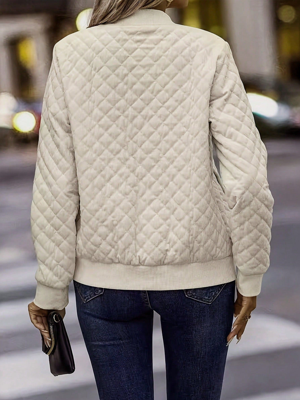Women Woven Quilted Bomber Jacket Zip Up Stand Collar Lightweight Outerwear 4