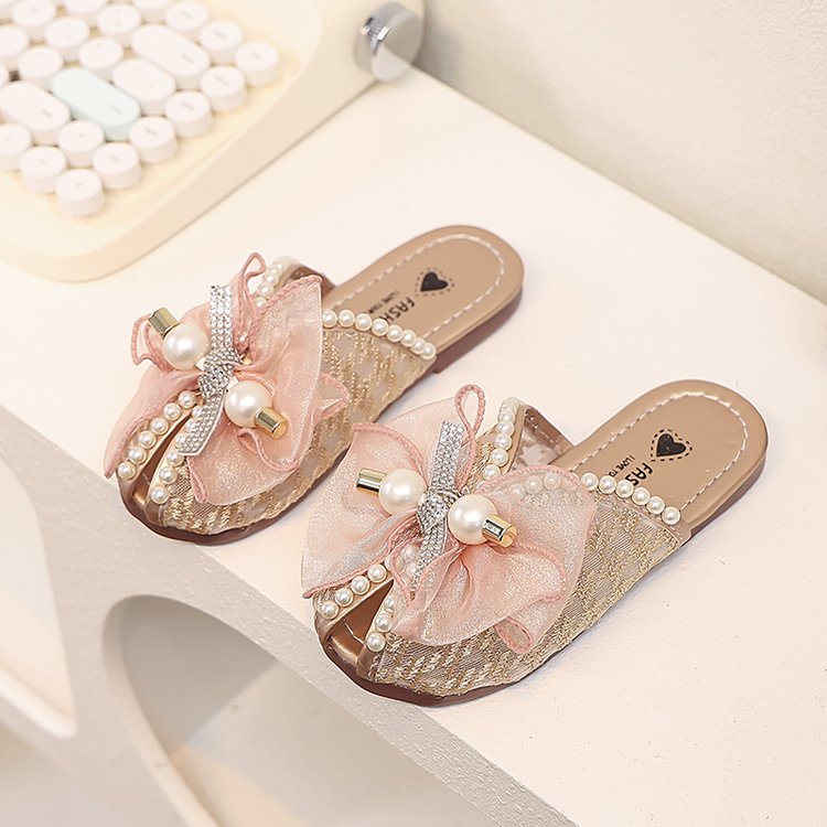 Girls' Children's Slippers Summer Style Fish Mouth Outdoor Half Drag Sandals Fashionable Middle-aged Children's Bow One Line Cool Drag 4