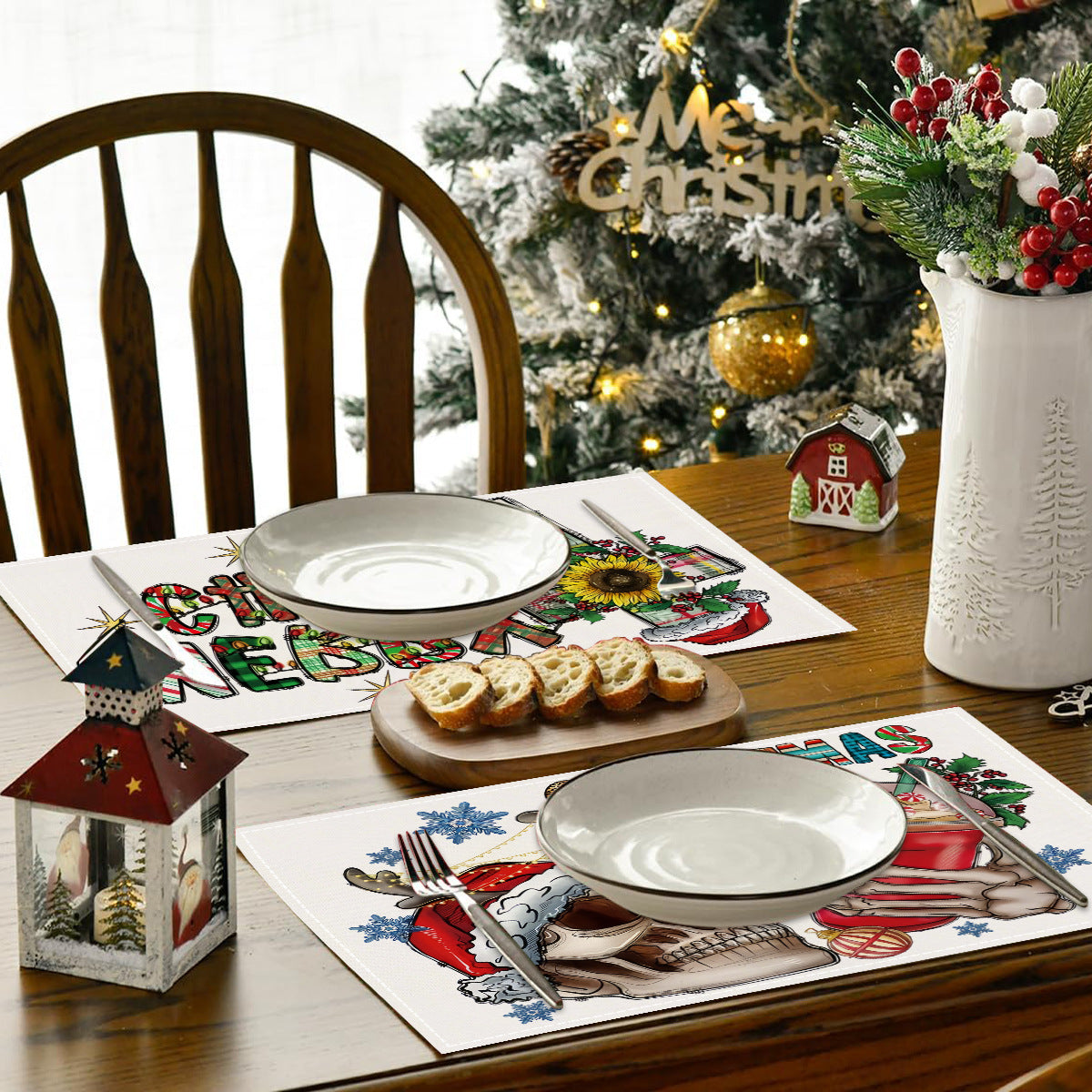 Skull Milk Tea Cup Printed Meal Mat Christmas Snowflake Letter Linen Table Mat Holiday Table Decoration Insulation Mat 4