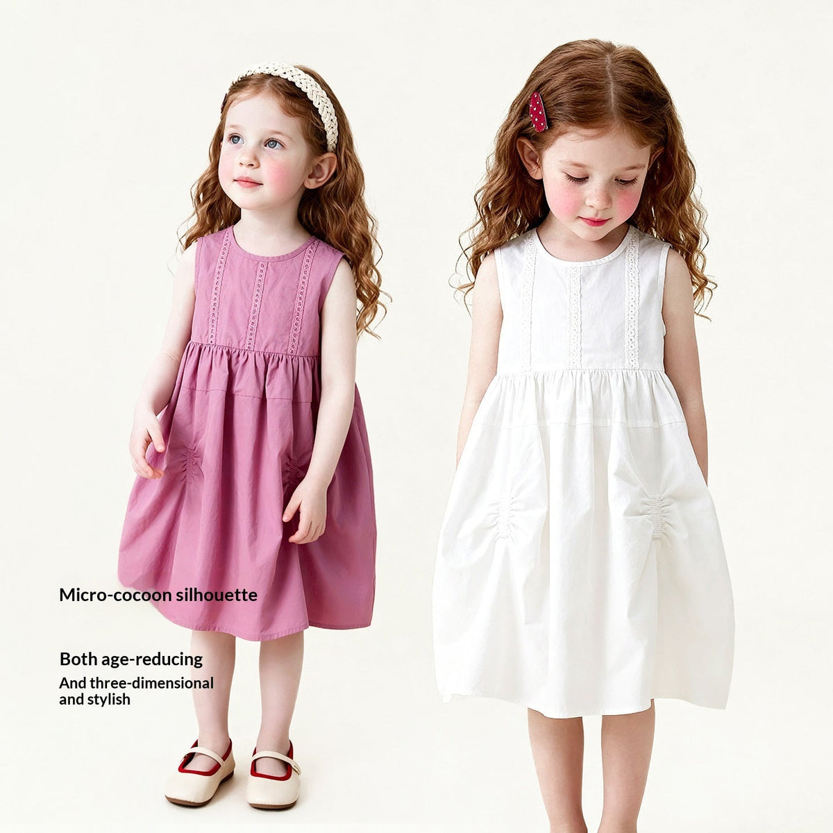 Solid-color Ruched Lace-Patchwork Vest Dress For Girls 3