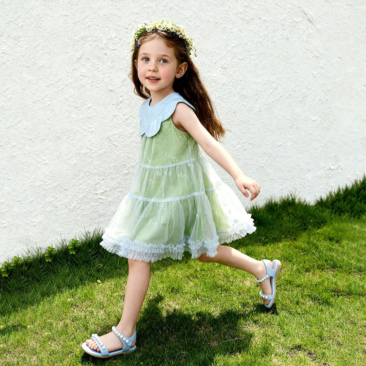 Floral-neck Sequined Tulle Ruffle-trimmed Dress For Girls 3