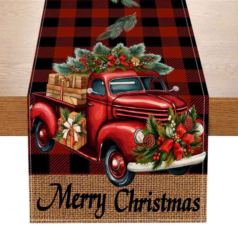 Red car printed table flag Christmas red black checkered linen living room decoration tablecloth 9