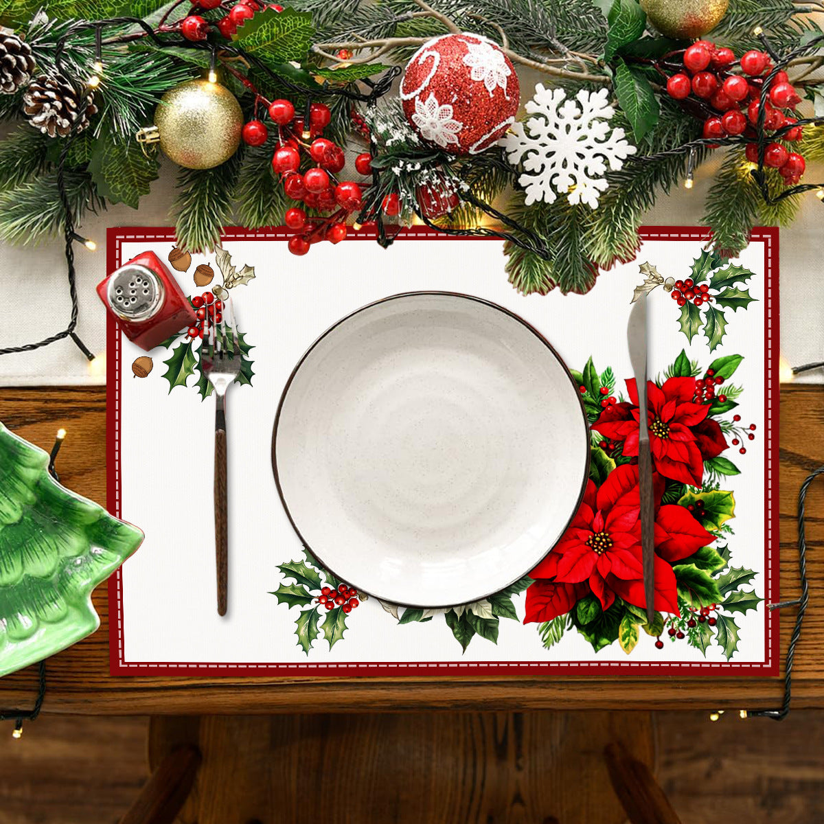 Christmas Red Flower Meal Mat Flower Pinecone Printed Table Mat Holiday Table Insulation Mat 3