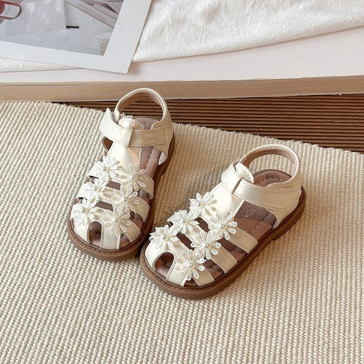 2026 Summer New Girls Closed-Toe Sandals, Toddler & Little Kids Pearl Floral Princess Shoes, Soft Sole Beach Shoes For Baby Girls 2