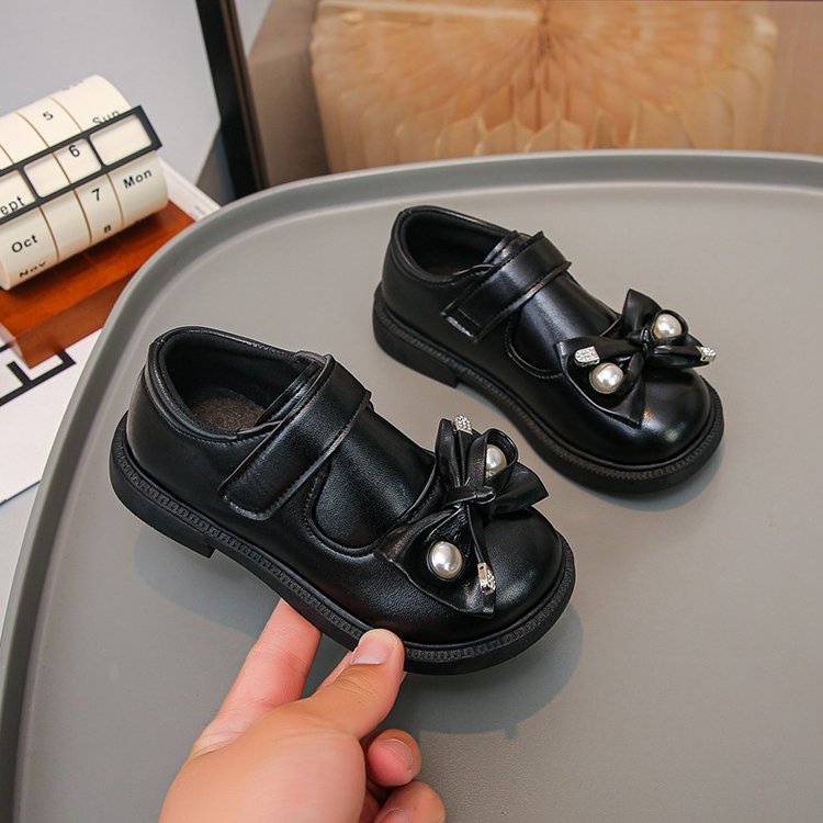 Girls' Leather Shoes, Black Performance Single Shoes, Baby Girls' Bow Princess Shoes, Bean Shoes 5