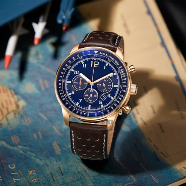Six-hand Chronograph Quartz Watch With A Leather Strap 5