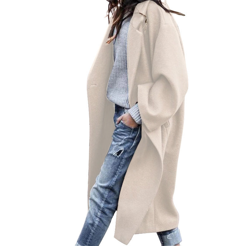 Casual Long Jacket With Pockets Solid Color Single Breasted Lapel Woolen Coat For Women Warm Winter Clothing 8