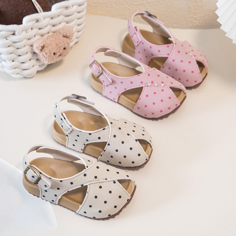 Girls' Trendy Polka Dot Frosted Leather Sandals With Korean Leopard Print, Niche Boken Sandals 3