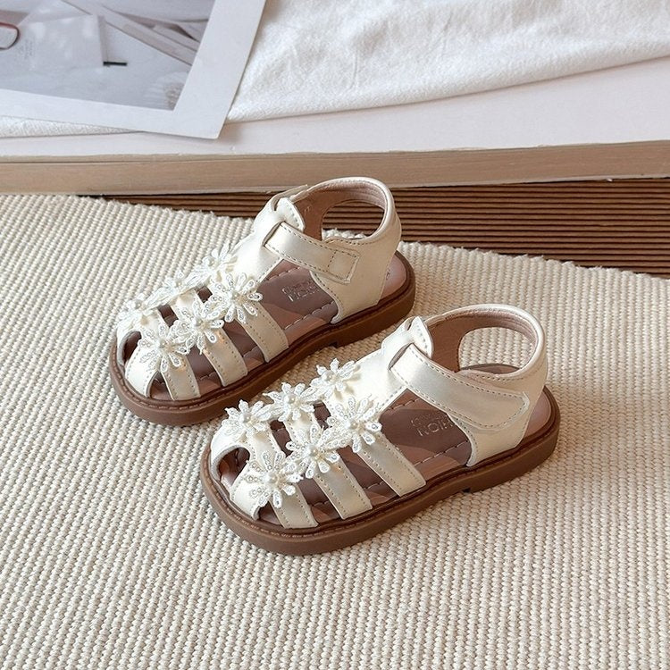 2026 Summer New Girls Closed-Toe Sandals, Toddler & Little Kids Pearl Floral Princess Shoes, Soft Sole Beach Shoes For Baby Girls 4