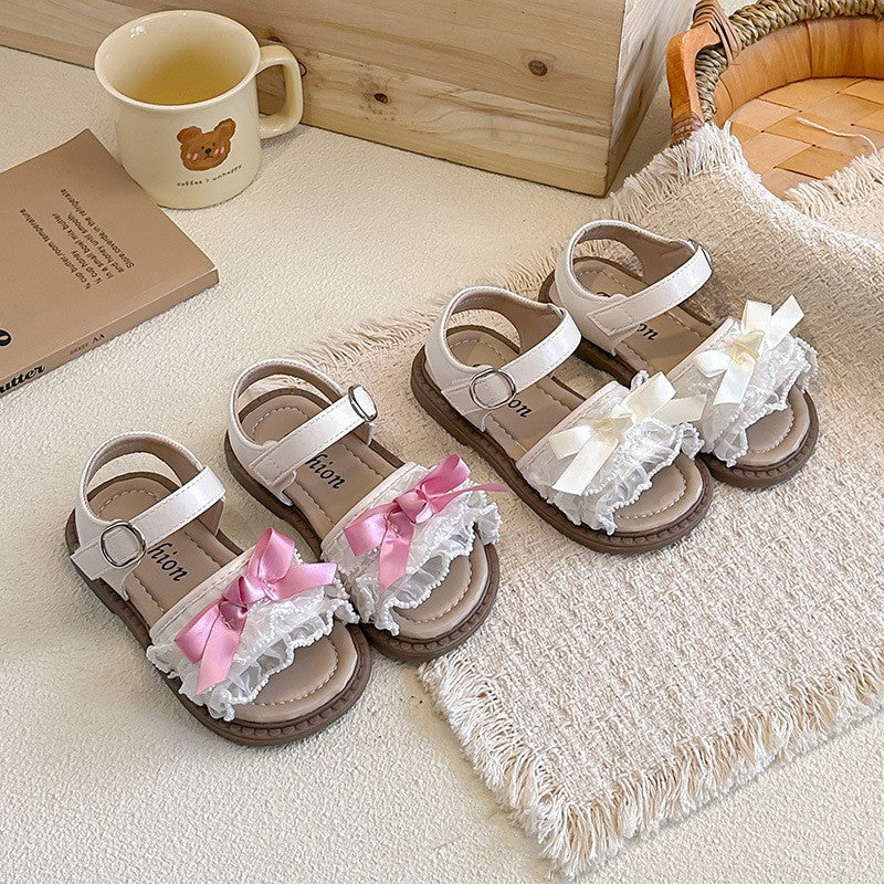 2026 Spring Summer Ins Kids Sandals, Korean Style Girls Flat Princess Shoes With Bow & Mesh Lace Trim 5