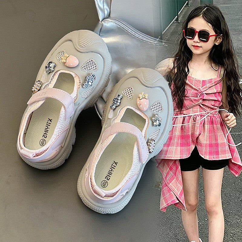 Trendy Brand Kids Mary Jane Sneakers, Hollow Out Heel Design, Hook-and-Loop Slip-On Breathable Mesh Shoes For Girls 3