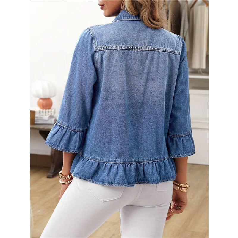 Exclusive Cross-border Supply Of Ruffled Denim Jacket For Women, Cropped Jean Jacket With Bell Sleeves, Sweet Style Outerwear 2