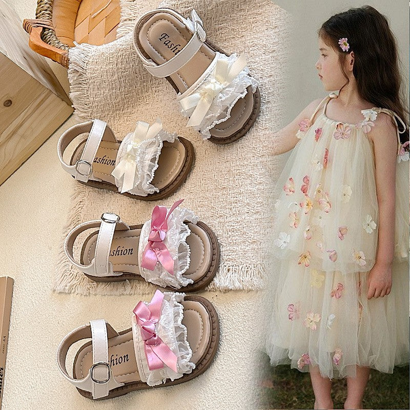 2026 Spring Summer Ins Kids Sandals, Korean Style Girls Flat Princess Shoes With Bow & Mesh Lace Trim 1