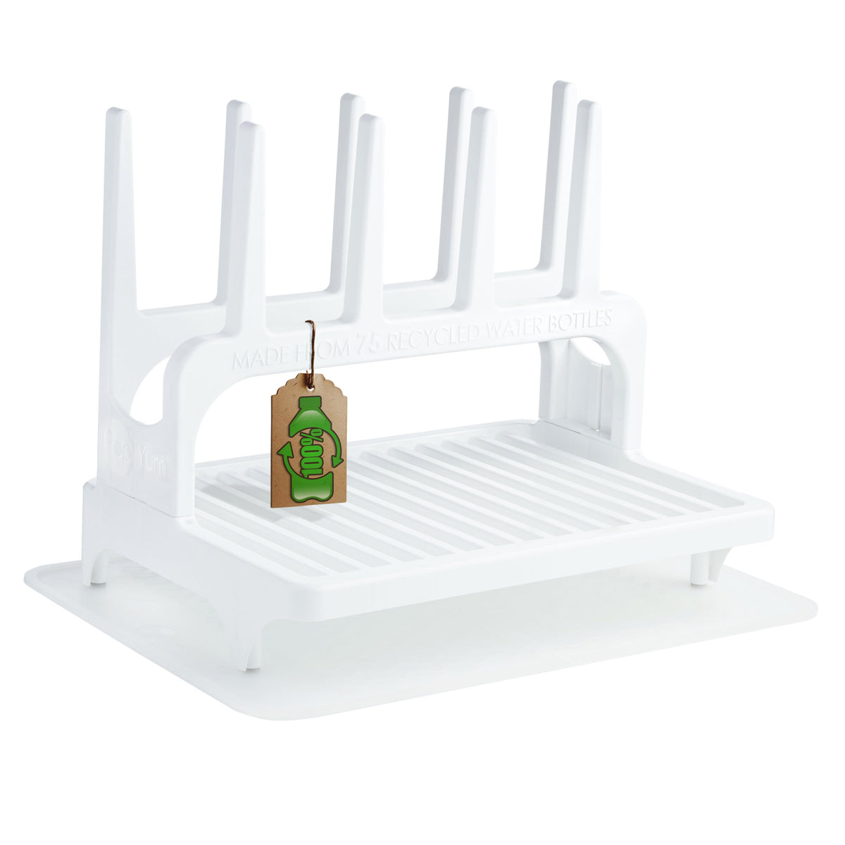 PopYum Glacier White Drying Rack from 100% Recycled Bottles with Silicone Drying Mat, countertop for Baby Bottles, Plastic Bags, Cups, Compact 1