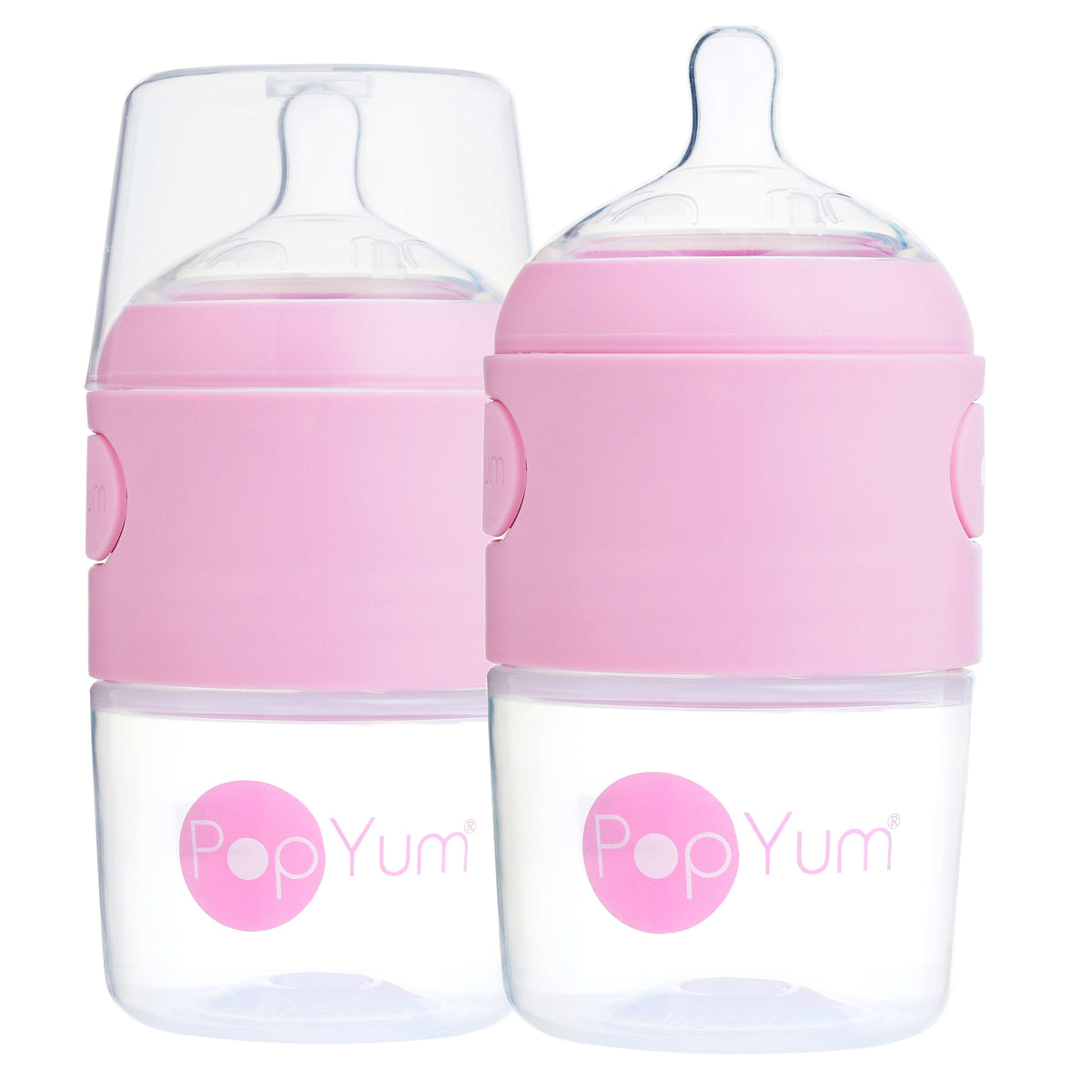 PopYum 5oz Anti-Colic Baby Bottle for Breast and Formula Feeding, 2-Pack, Pink, #1 Slow Flow Nipples 1