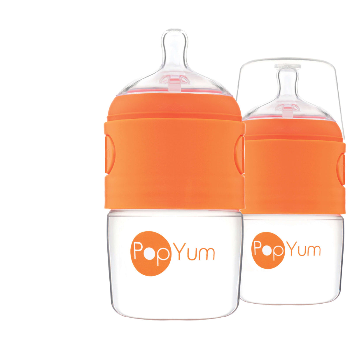 PopYum 5oz Anti-Colic Baby Bottle for Breast and Formula Feeding, 2-Pack, Orange, #1 Slow Flow Nipples 1