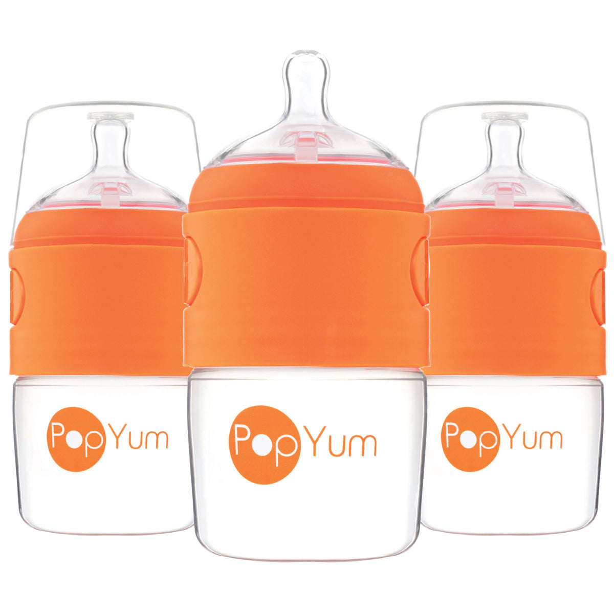 PopYum 5oz Anti-Colic Baby Bottle for Breast and Formula Feeding, 3-Pack, Orange, #1 Slow Flow Nipples 1