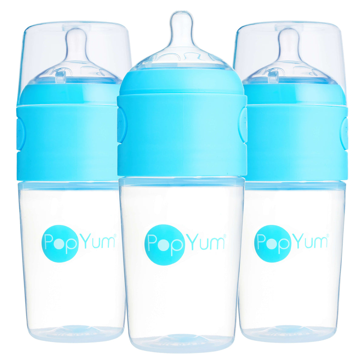 PopYum 9oz Anti-Colic Baby Bottle for  for Breast and Formula Feeding, 3-Pack, Blue, #2 Medium Flow Nipples 1