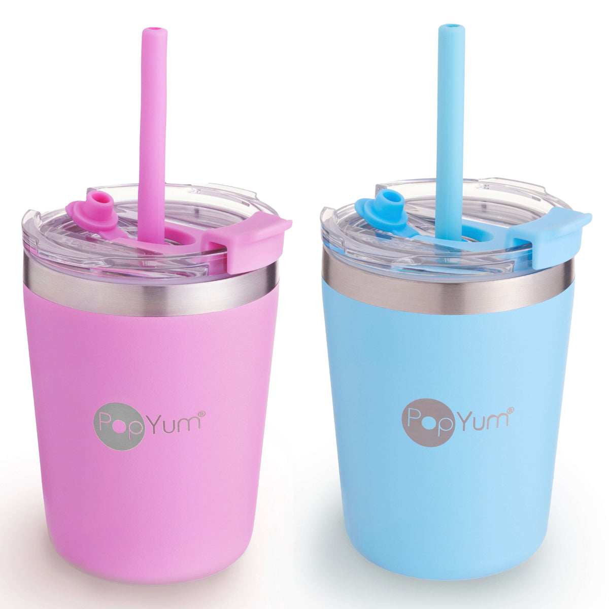 PopYum 9oz Insulated Stainless Steel Kids’ Cups with Lid and Straw, 2-Pack, Blue & Pink, stackable, sippy, baby, child, toddler, tumbler 1