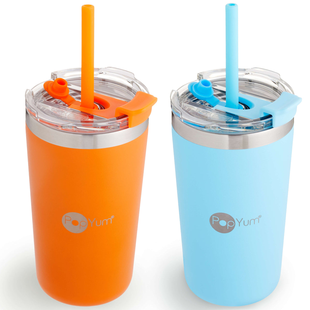 PopYum 13oz Insulated Stainless Steel Kids’ Cups with Lid and Straw, 2-Pack, Orange & Blue, stackable, sippy, baby, child, toddler, tumbler 1