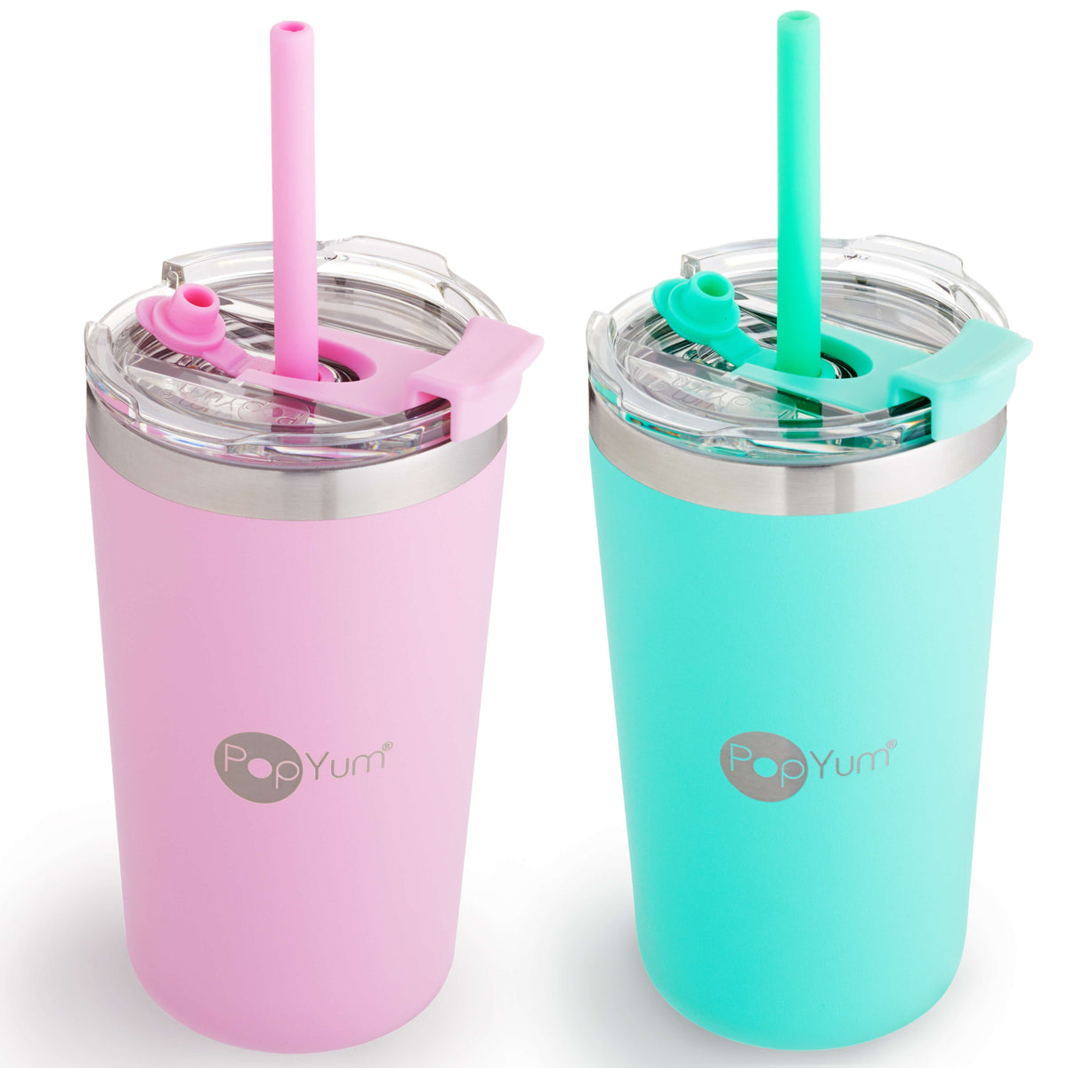 PopYum 13oz Insulated Stainless Steel Kids’ Cups with Lid and Straw, 2-Pack, Green & Pink, stackable, sippy, baby, child, toddler, tumbler 1