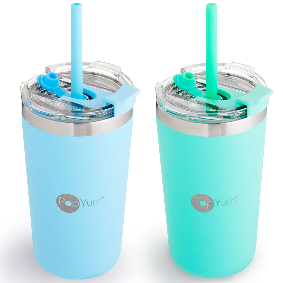 PopYum 13oz Insulated Stainless Steel Kids’ Cups with Lid and Straw, 2-Pack, Blue & Green, stackable, sippy, baby, child, toddler, tumbler 1