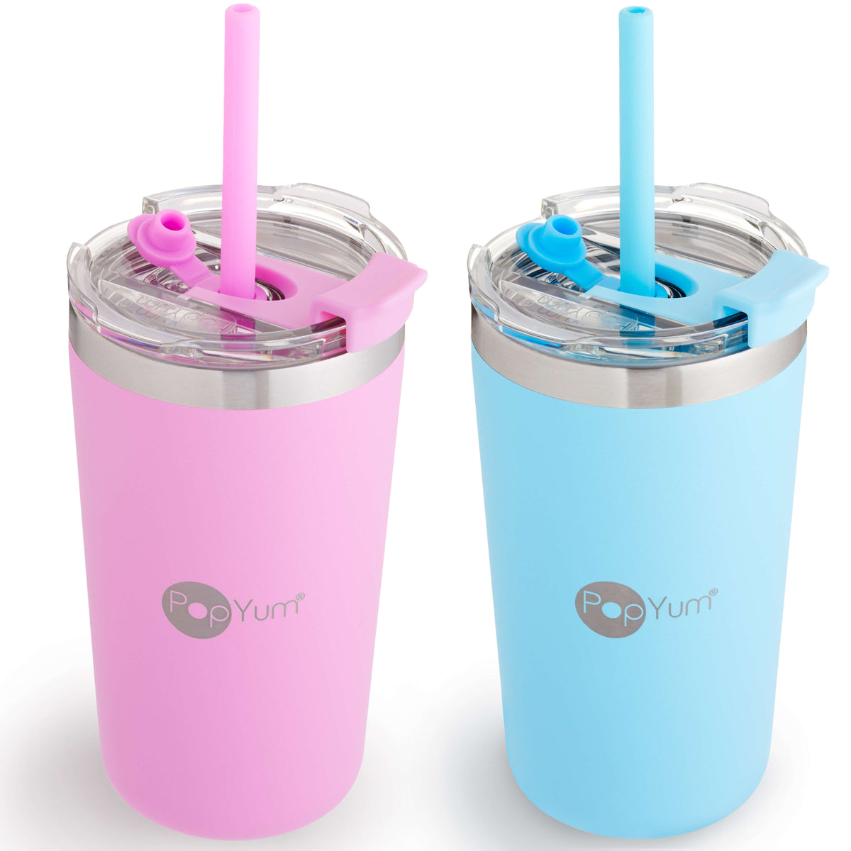PopYum 13oz Insulated Stainless Steel Kids’ Cups with Lid and Straw, 2-Pack, Blue & Pink, stackable, sippy, baby, child, toddler, tumbler 1