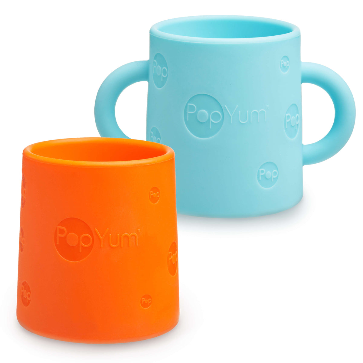 PopYum Silicone Training Cup 2-Pack for Baby and Toddler, handles, BPA Free, self feeding training, tumbler (sky blue and PopYum orange) 1