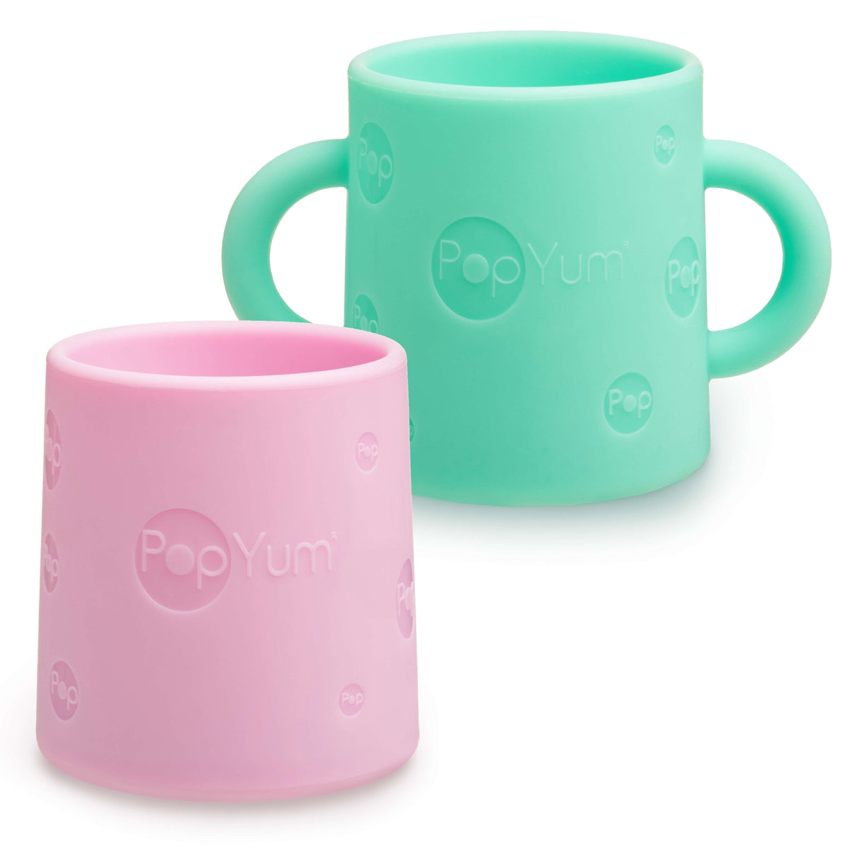 PopYum Silicone Training Cup 2-Pack for Baby and Toddler, handles, BPA Free, self feeding training, tumbler (mint green and pastel pink) 1