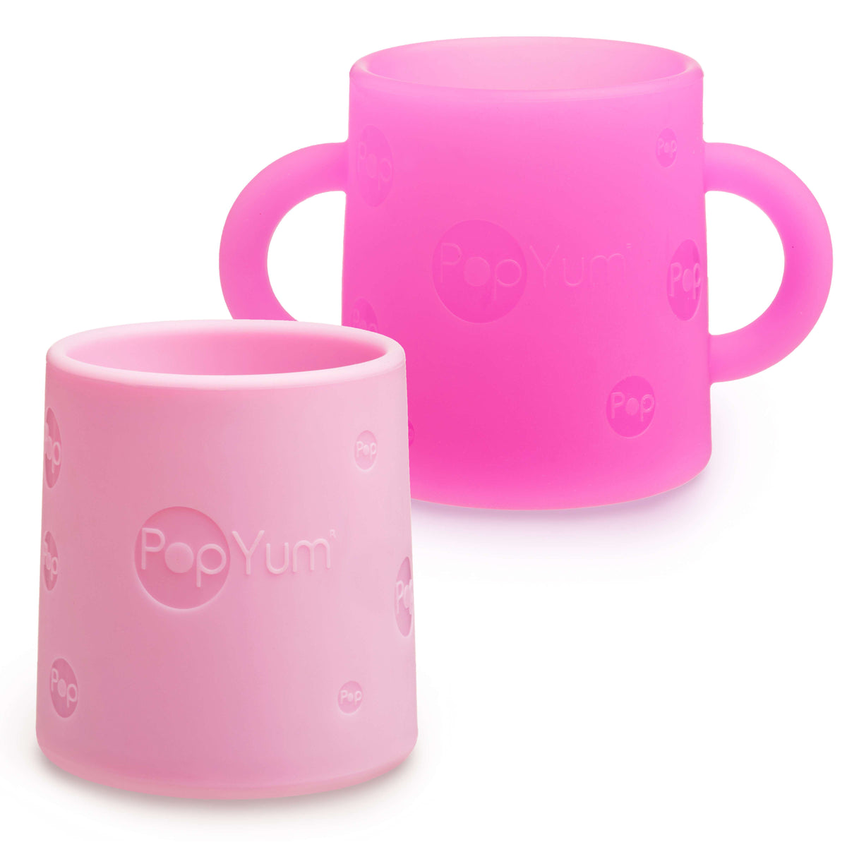 PopYum Silicone Training Cup 2-Pack for Baby and Toddler, handles, BPA Free, self feeding training, tumbler (electric purple and orchid pink) 1