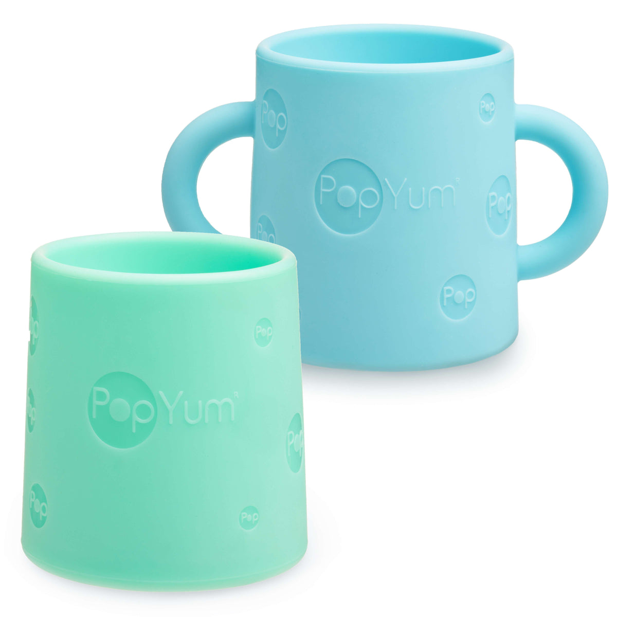 PopYum Silicone Training Cup 2-Pack for Baby and Toddler, handles, BPA Free, self feeding training, tumbler (sky blue and mint green) 1