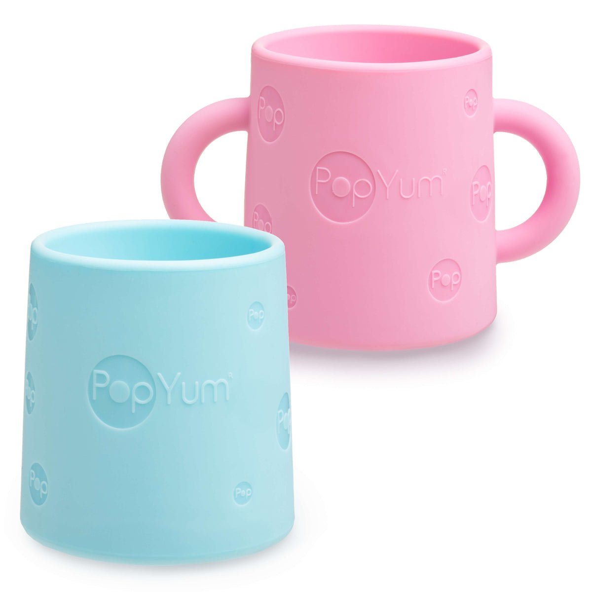 PopYum Silicone Training Cup 2-Pack for Baby and Toddler, handles, BPA Free, self feeding training, tumbler (orchid pink and sky blue) 1
