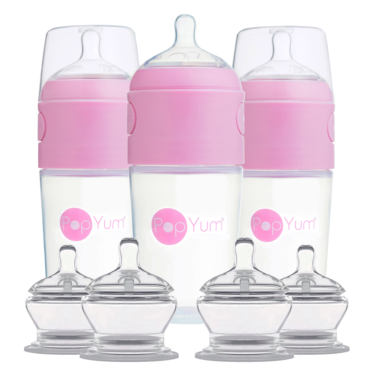 PopYum Pink 7 Piece Bundle: 9oz Bottle 3-Pack + 2 Nipple 2-Packs 1
