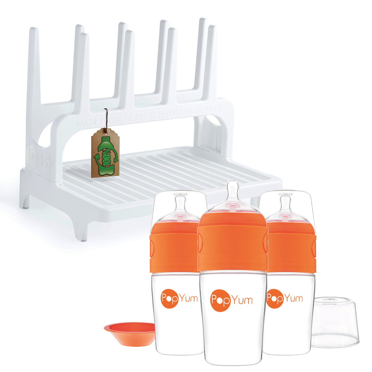PopYum 9 oz Orange Formula Making Baby Bottle 3-Pack with White Drying Rack Bundle 1