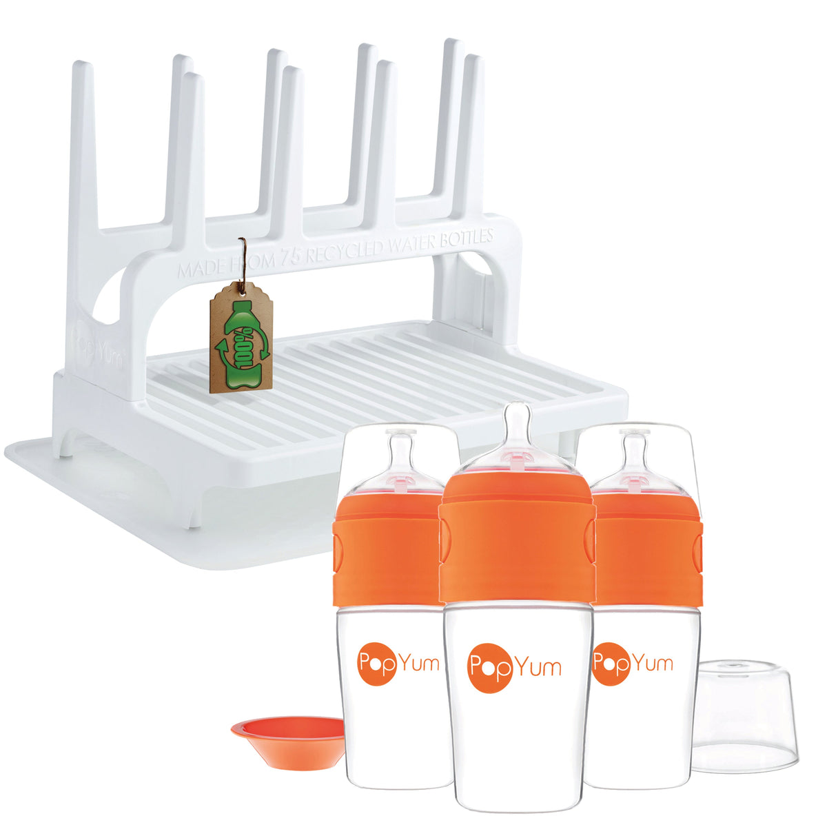 PopYum 9 oz Orange Formula Making Baby Bottle 3-Pk with White Drying Rack & Clear Drying Mat Bundle 1