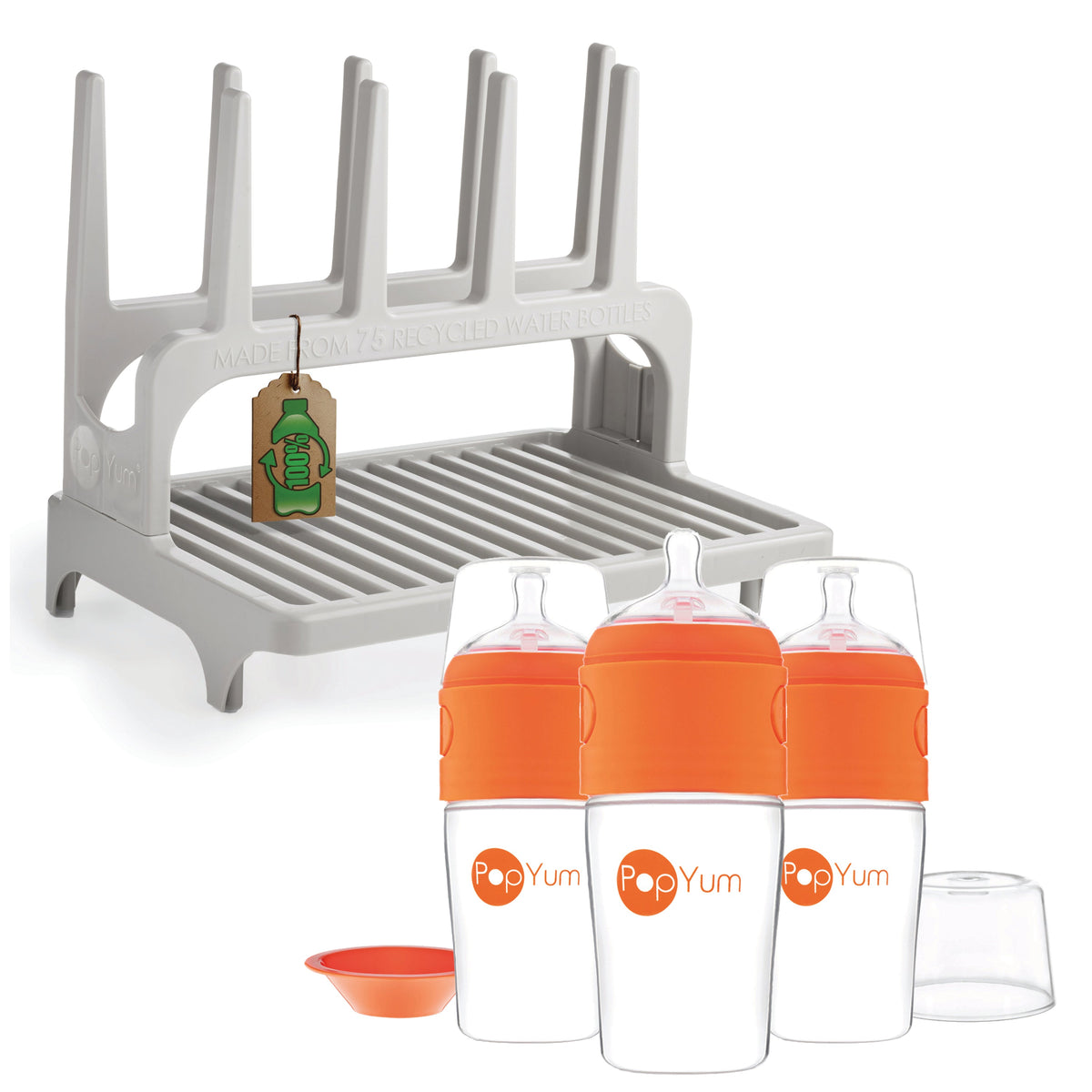 PopYum 9 oz Orange Formula Making Baby Bottle 3-Pack with Gray Drying Rack Bundle 1