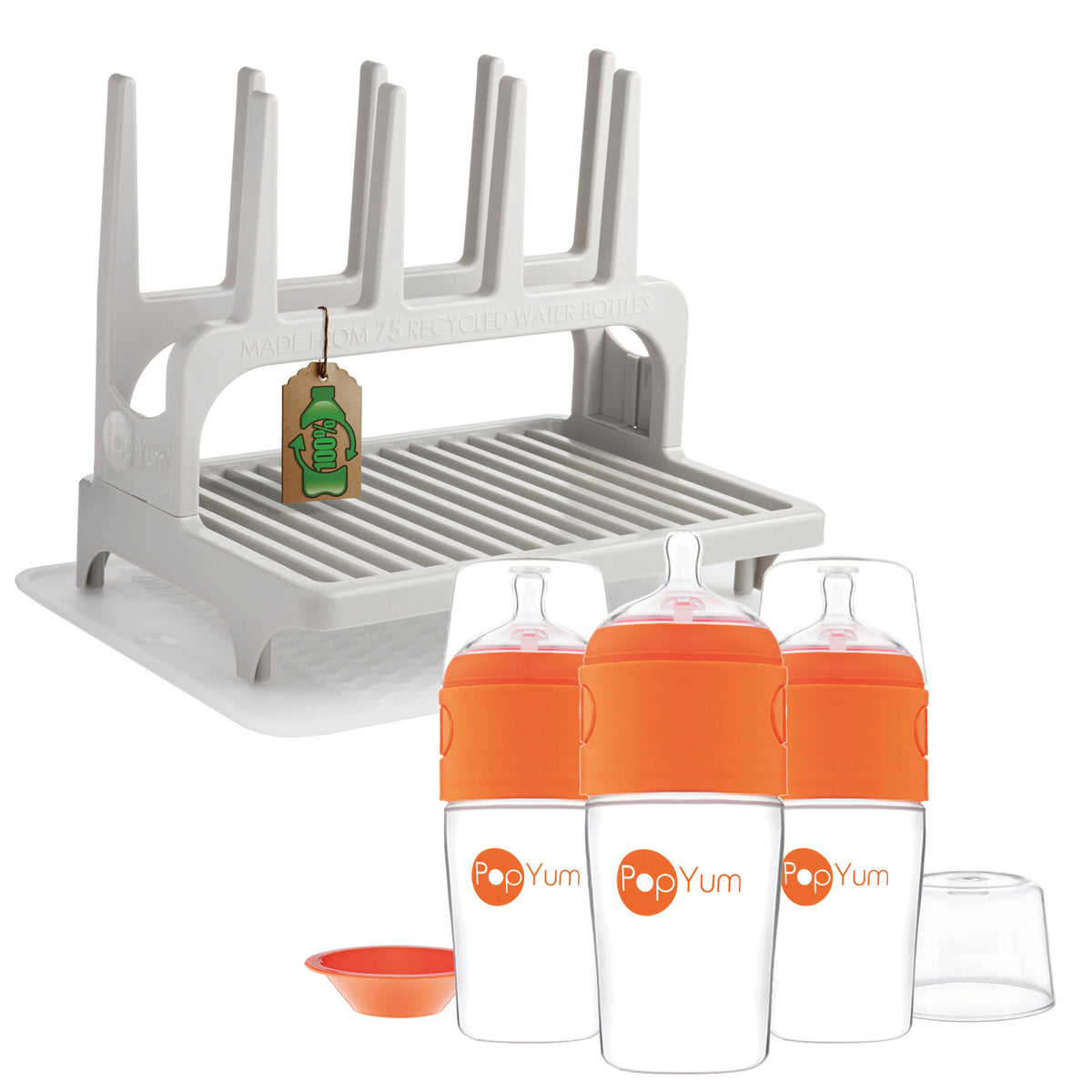 PopYum 9 oz Orange Formula Making Baby Bottle 3-Pk with Gray Drying Rack & Clear Drying Mat Bundle 1