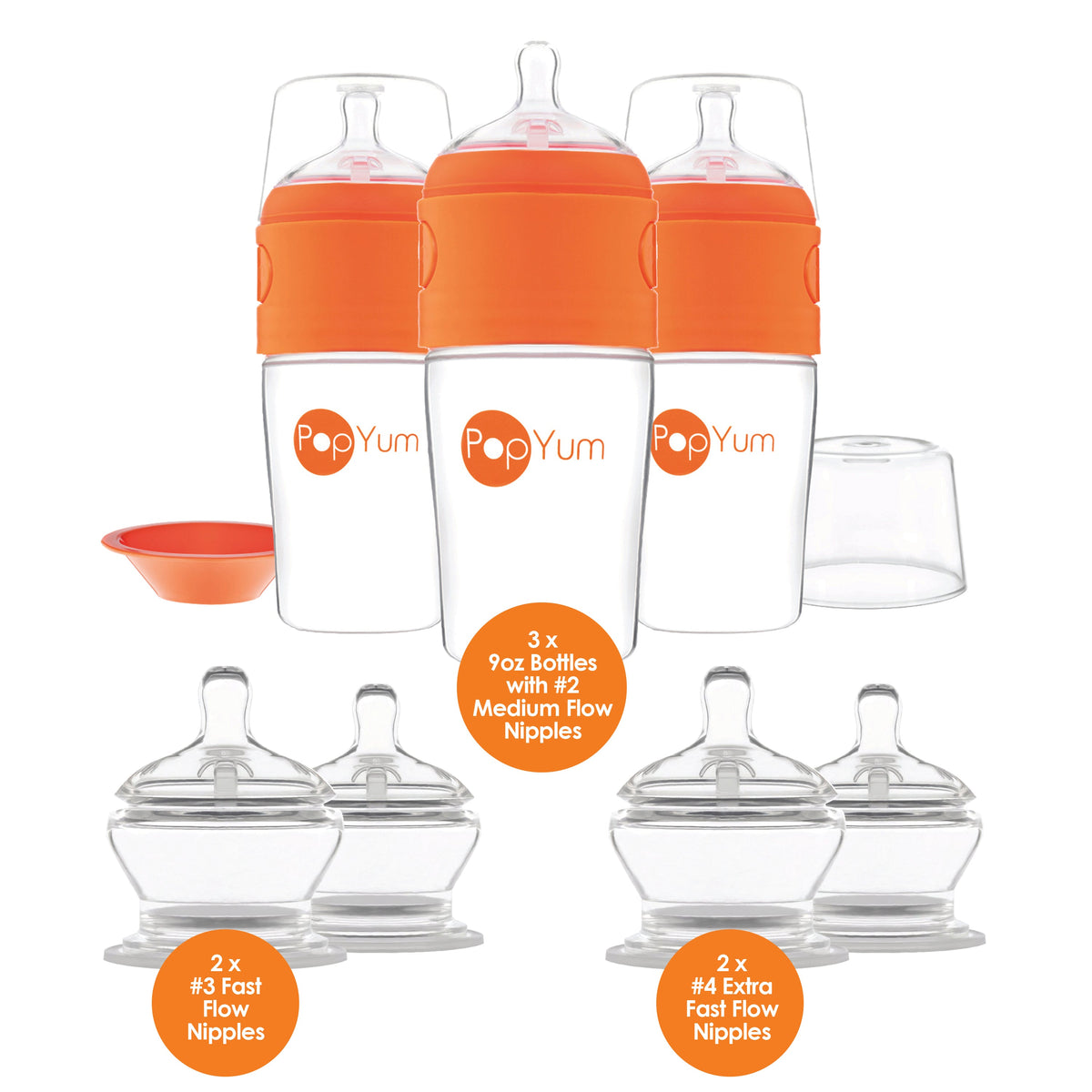 PopYum Orange 7 Piece Bundle: 9oz Bottle 3-Pack + 2 Nipple 2-Packs 4
