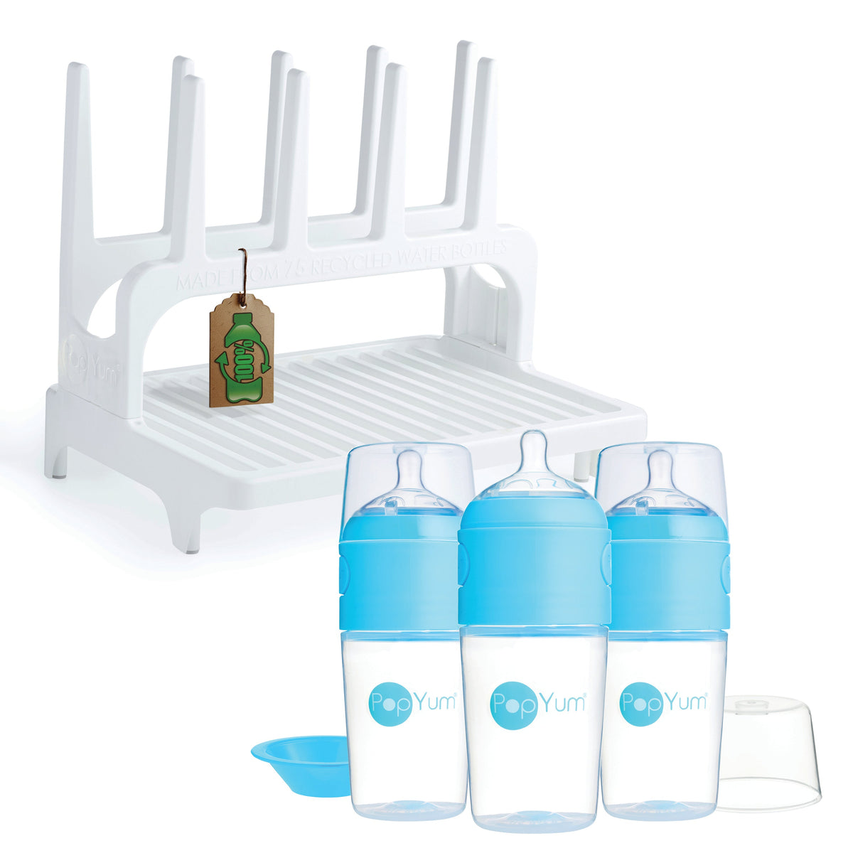 PopYum 9 oz Blue Formula Making Baby Bottle 3-Pack with White Drying Rack Bundle 1