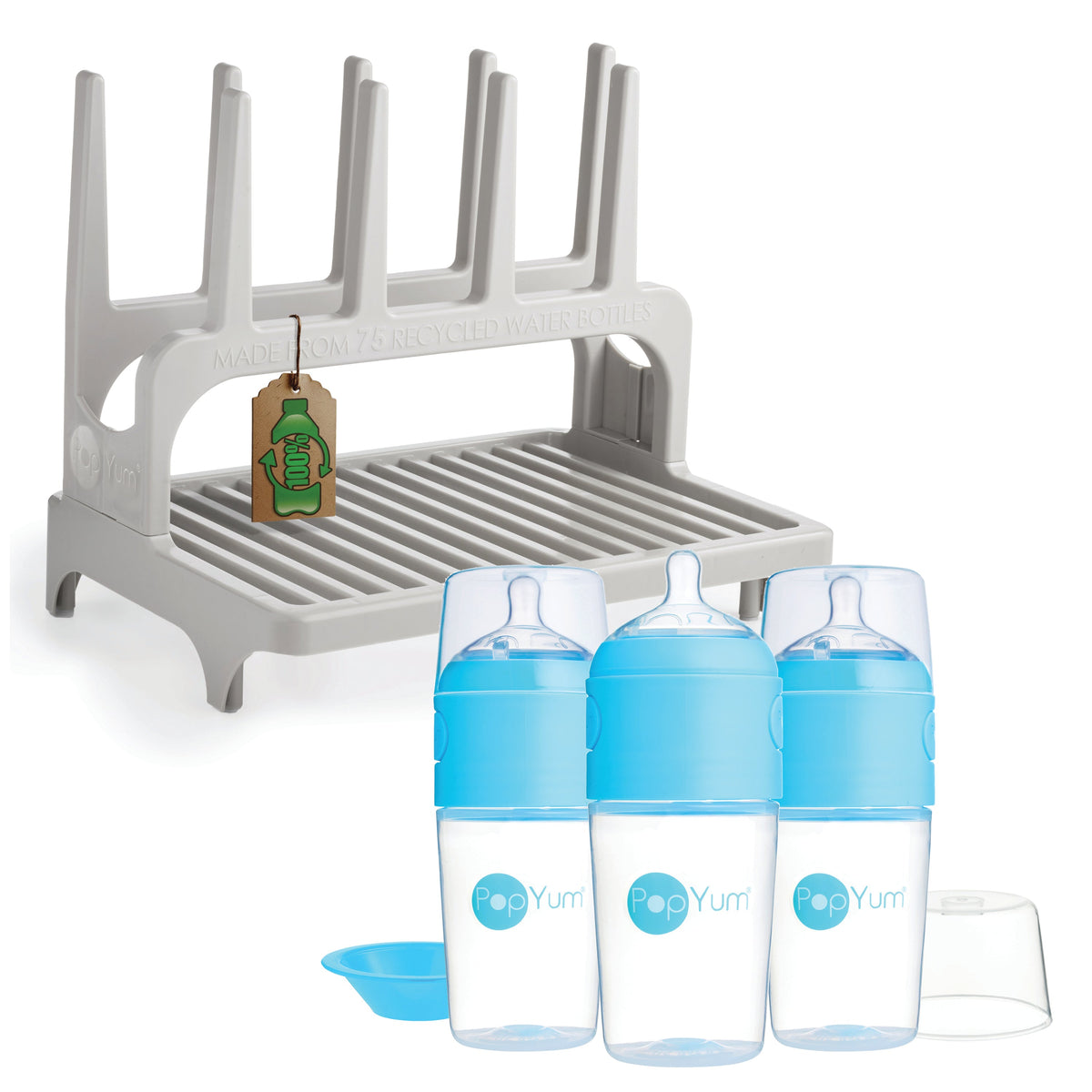 PopYum 9 oz Blue Formula Making Baby Bottle 3-Pack with Gray Drying Rack Bundle 1