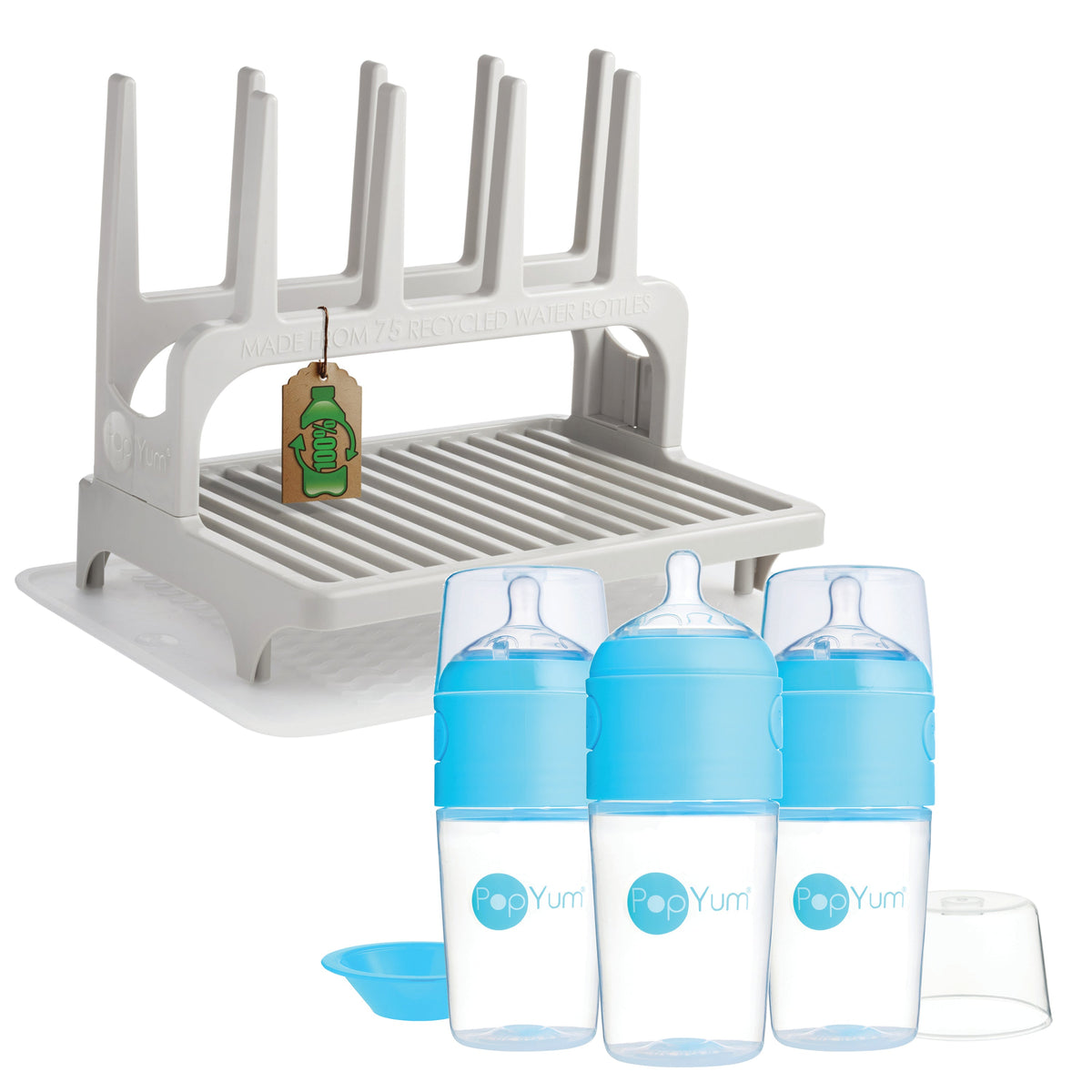 PopYum 9 oz Blue Formula Making Baby Bottle 3-Pk with Gray Drying Rack & Clear Drying Mat Bundle 1