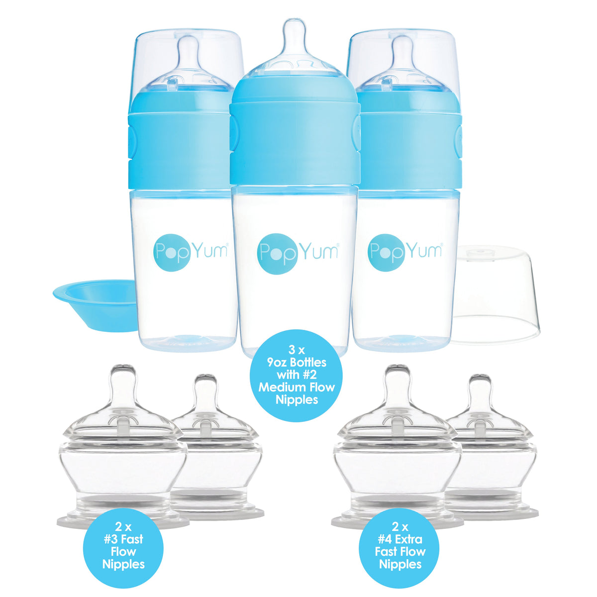 PopYum Blue 7 Piece Bundle: 9oz Bottle 3-Pack + 2 Nipple 2-Packs 4
