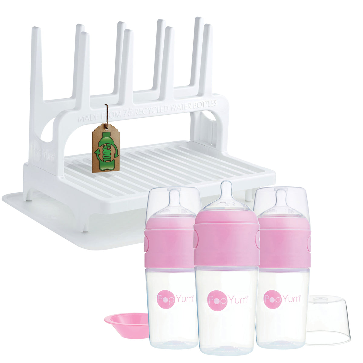 PopYum 9 oz Pink Formula Making Baby Bottle 3-Pk with White Drying Rack & Clear Drying Mat Bundle 1