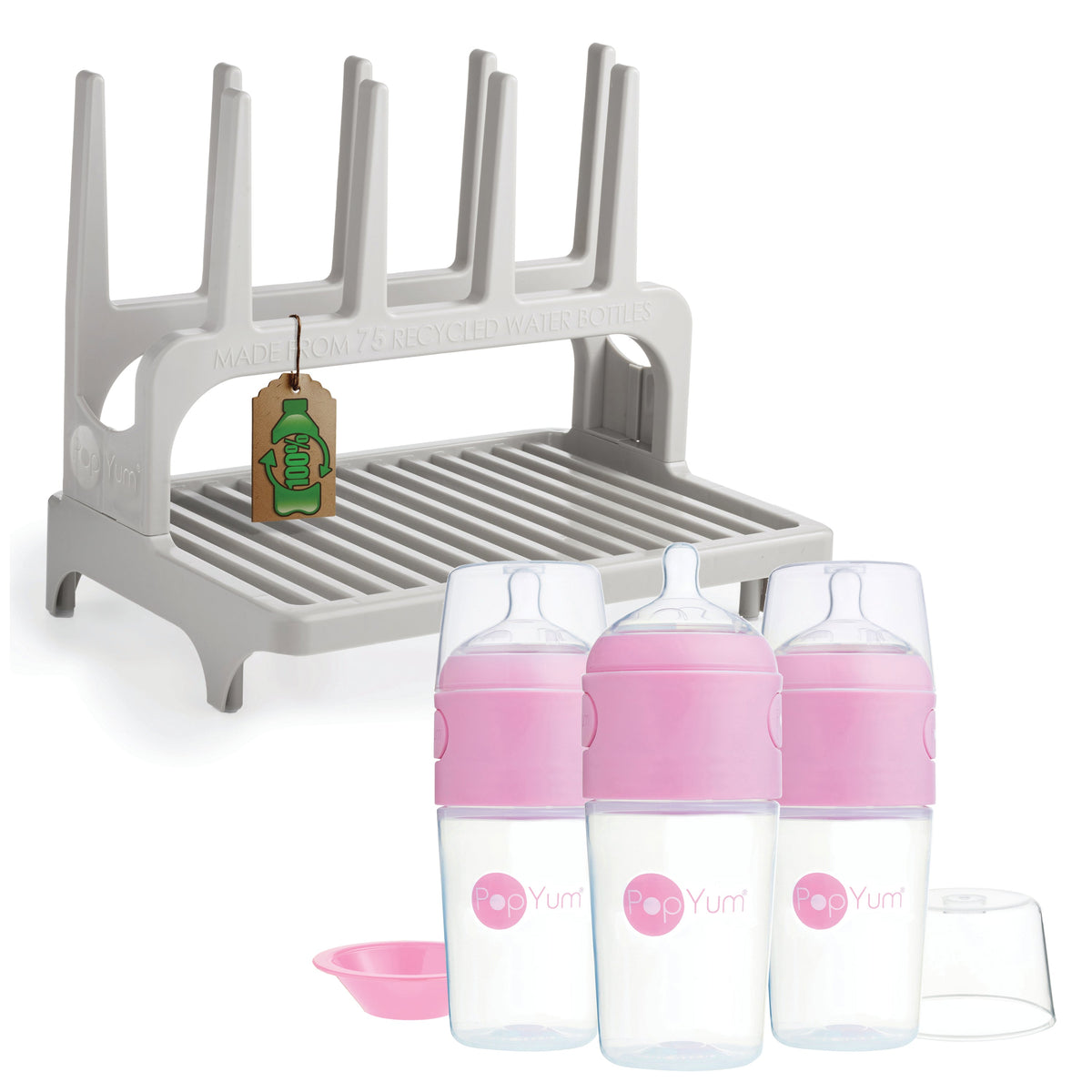 PopYum 9 oz Pink Formula Making Baby Bottle 3-Pack with Gray Drying Rack Bundle 1