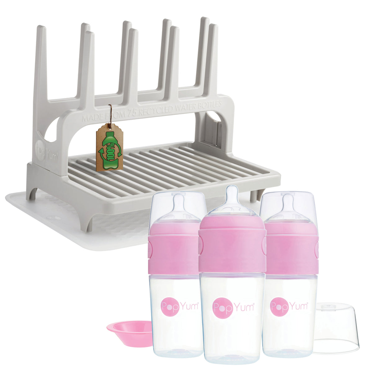 PopYum 9 oz Pink Formula Making Baby Bottle 3-Pk with Gray Drying Rack & Clear Drying Mat Bundle 1